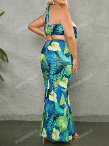 Plus Tropical Print Tie Front Halter Crop Top & Summer Holiday Maxi Skirt Set