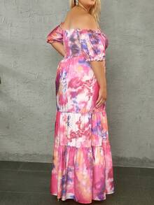 大碼紮染一字肩荷葉邊夏天連衣裙 - 彩色 - 查看 2