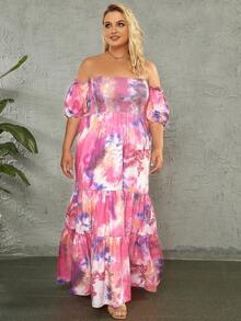 大碼紮染一字肩荷葉邊夏天連衣裙 - 彩色 - 查看 3