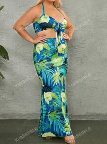Plus Tropical Print Tie Front Halter Crop Top & Summer Holiday Maxi Skirt Set
