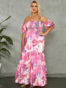 大碼紮染一字肩荷葉邊夏天連衣裙 - 彩色 - 查看 4