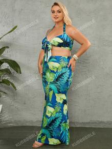 Plus Tropical Print Tie Front Halter Crop Top & Summer Holiday Maxi Skirt Set