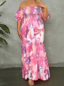 大碼紮染一字肩荷葉邊夏天連衣裙 - 彩色 - 查看 5