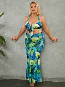 Plus Tropical Print Tie Front Halter Crop Top & Summer Holiday Maxi Skirt Set - Multicolor - View 6