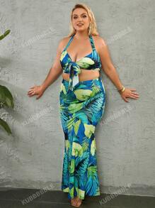 Plus Tropical Print Tie Front Halter Crop Top & Summer Holiday Maxi Skirt Set