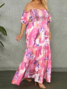 大碼紮染一字肩荷葉邊夏天連衣裙 - 彩色 - 查看 6