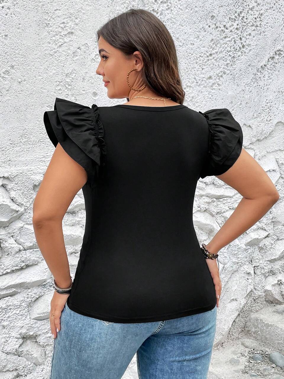 Plus Ruffle Trim V Neck Tee