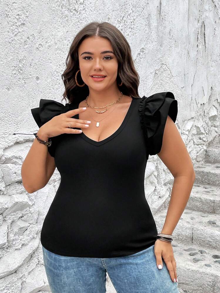 SHEIN Clasi 大碼荷葉邊V領T恤 - 黑色 - 查看 3