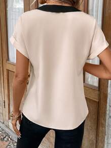 SHEIN Frenchy 拼接邊蝙蝠袖襯衫 - 杏色 - 查看 2