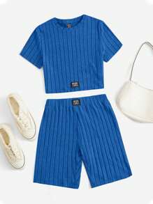 SHEIN EZwear 字母補丁細節T恤和短褲 - 寶藍色 - 查看 1