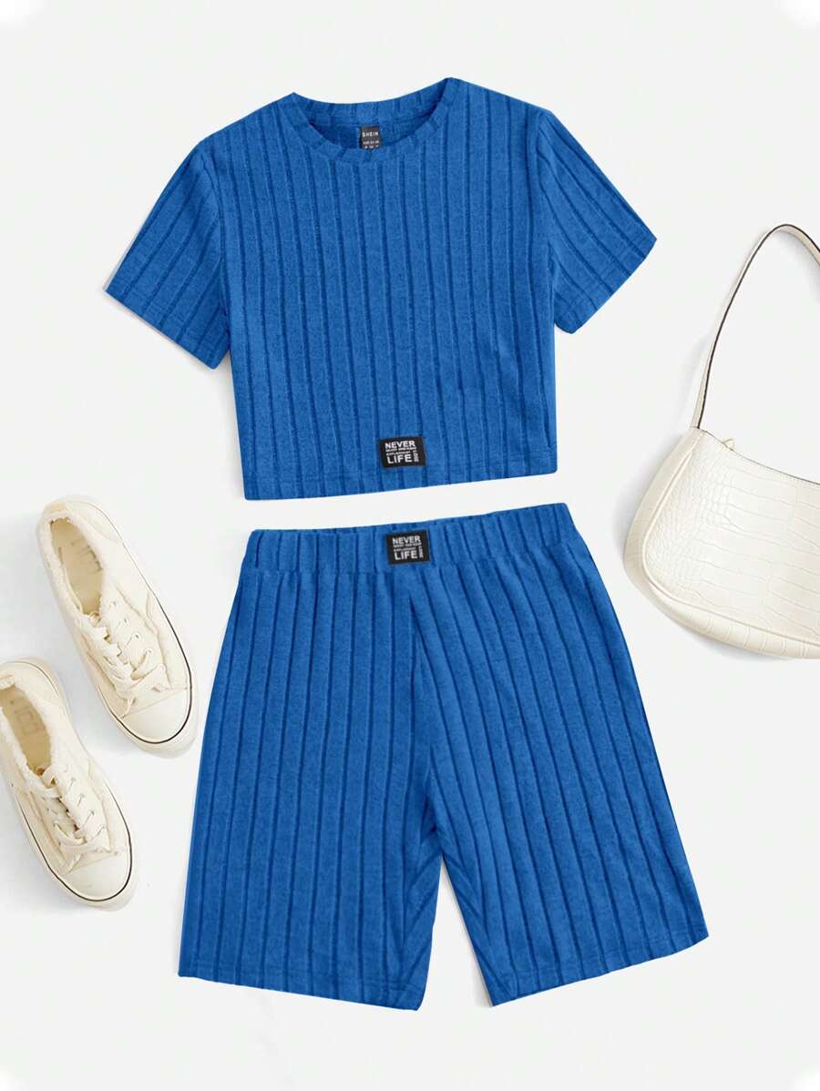 SHEIN EZwear 字母補丁細節T恤和短褲 - 寶藍色 - 查看 1