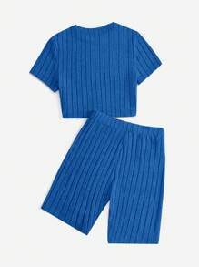 SHEIN EZwear 字母補丁細節T恤和短褲 - 寶藍色 - 查看 2