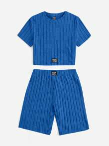 SHEIN EZwear 字母補丁細節T恤和短褲 - 寶藍色 - 查看 3