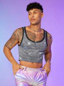 FeverCity Men Contrast Binding Crop Tank Top - Grey - View 1