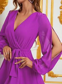 素色荷葉邊雪紡腰帶長連衣裙