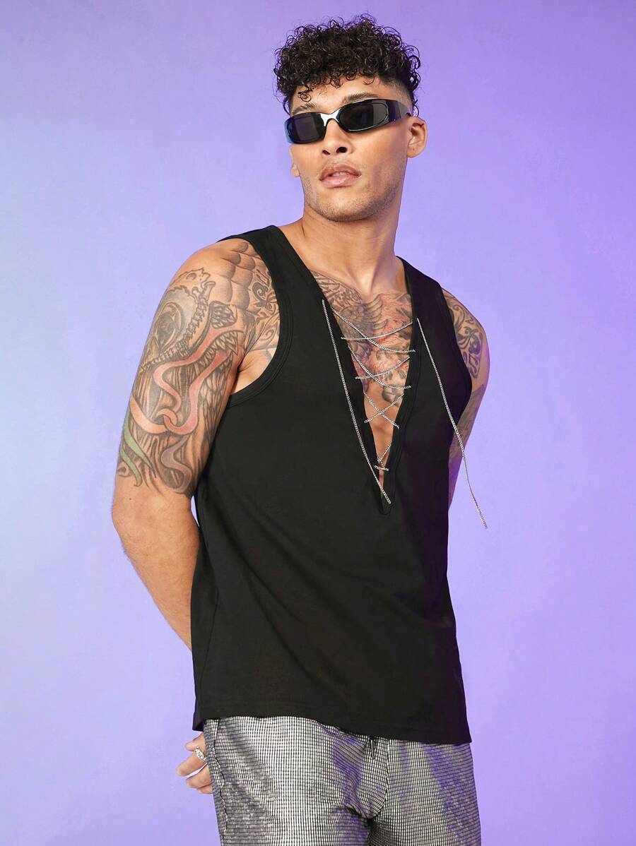 FeverCity Nam Áo ba lỗ Bông Lace lên phía trước - màu đen - Xem 1