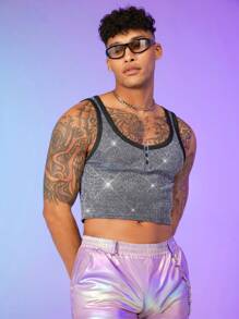 FeverCity Men Contrast Binding Crop Tank Top - Grey - View 5