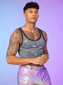 FeverCity Men Contrast Binding Crop Tank Top - Grey - View 6