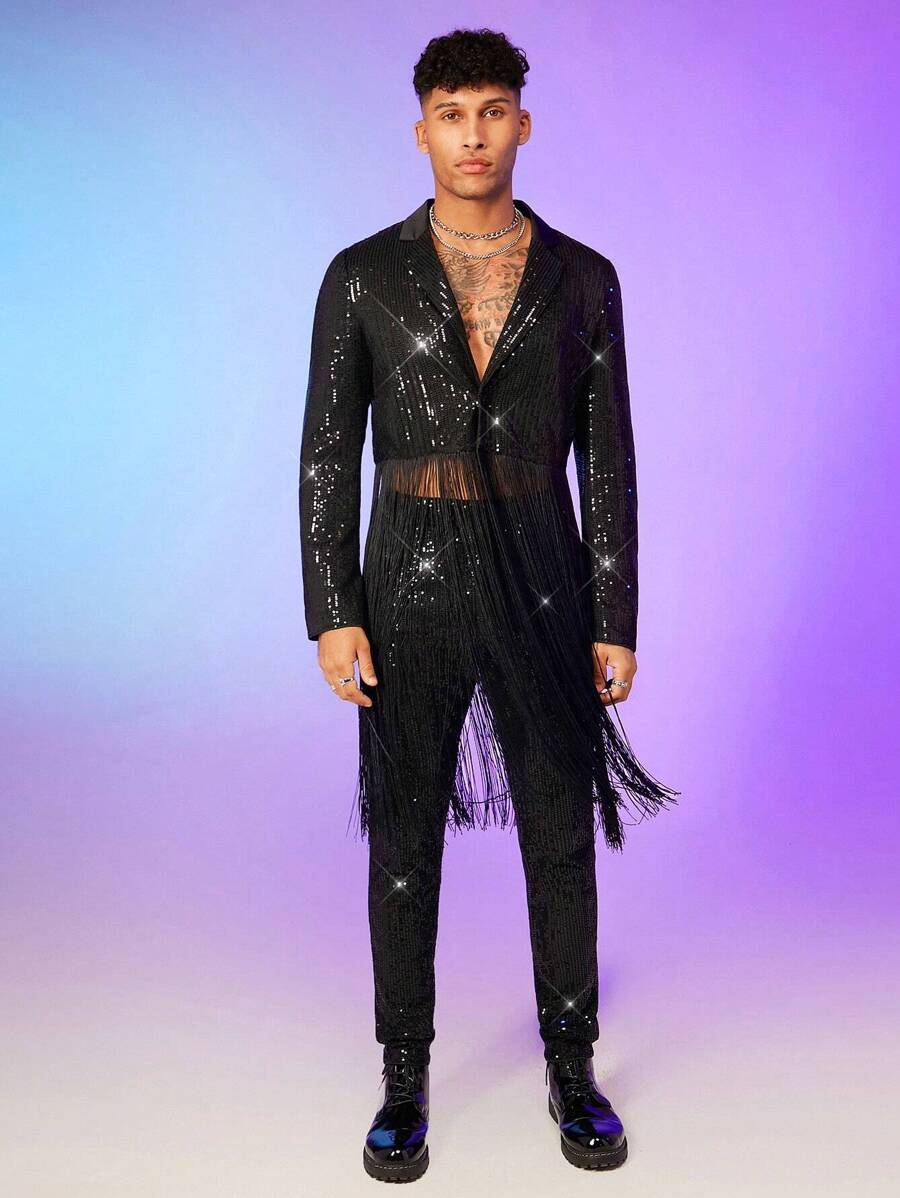 FeverCity Men Fringe Trim Sequin Blazer & Trousers Set - Black - View 1