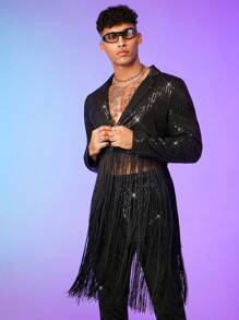 FeverCity Men Fringe Trim Sequin Blazer & Trousers Set - Black - View 3
