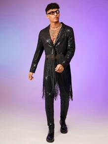 FeverCity Men Fringe Trim Sequin Blazer & Trousers Set - Black - View 4