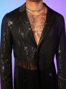 FeverCity Men Fringe Trim Sequin Blazer & Trousers Set - Black - View 5