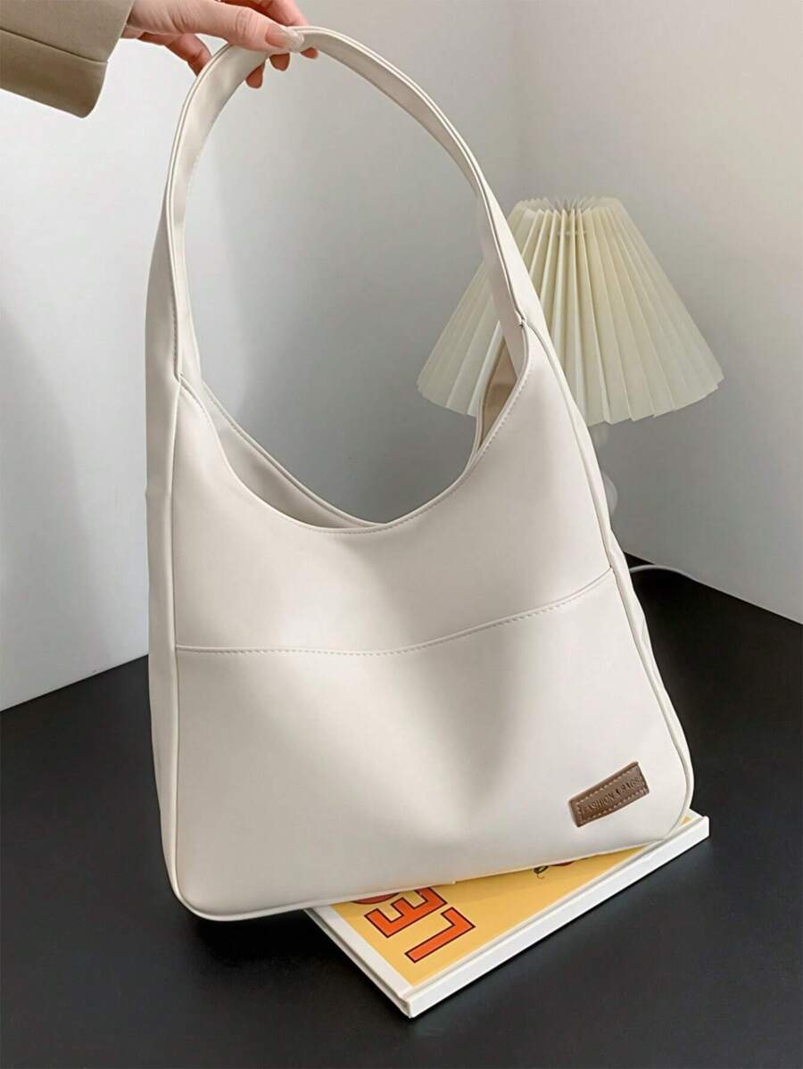 中號鈍口袋毛絨字母裝飾復古風，極簡風格女士斜跨包 - 白色 - 查看 1
