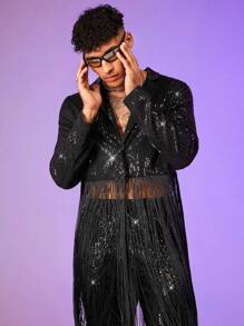 FeverCity Men Fringe Trim Sequin Blazer & Trousers Set - Black - View 6