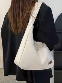 中號鈍口袋毛絨字母裝飾復古風，極簡風格女士斜跨包 - 白色 - 查看 2