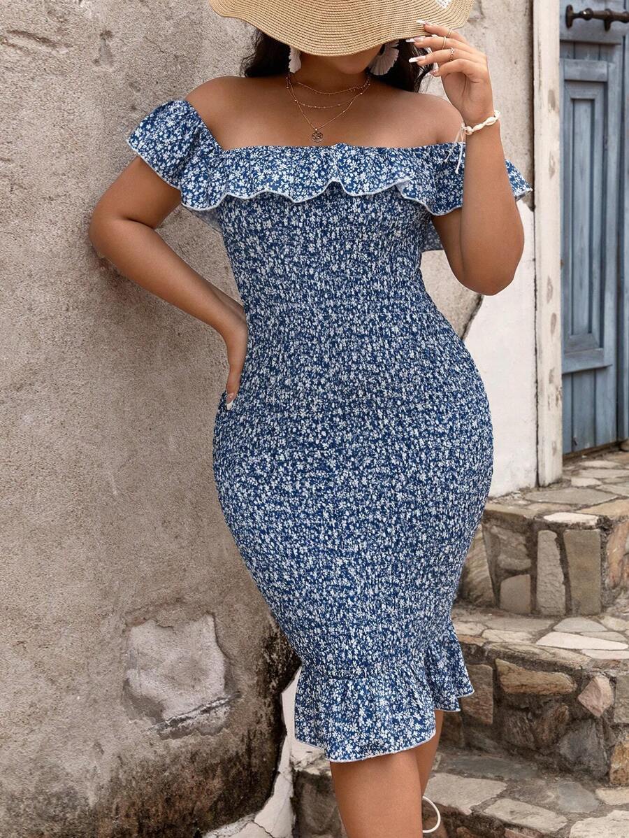 Breezaya Plus Ditsy Floral Print Off Shoulder Ruffle Trim Dress - Blue - View 1