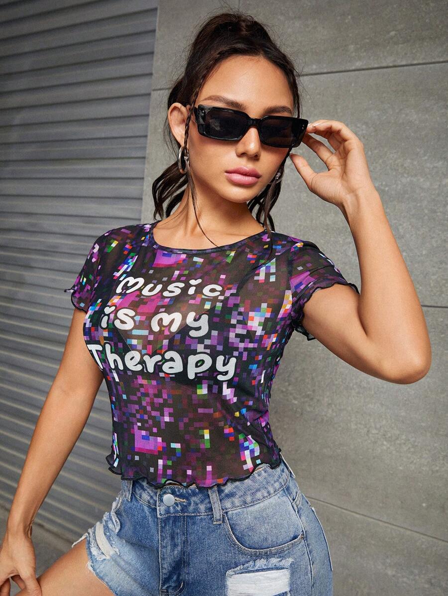 Alice Áo nữ Xù nhỏ cắt Slogan Giải trí - Nhiều màu - Xem 1