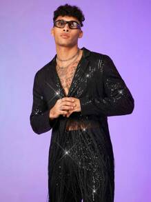 FeverCity Men Fringe Trim Sequin Blazer & Trousers Set - Black - View 7