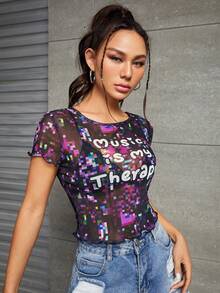 Alice Áo nữ Xù nhỏ cắt Slogan Giải trí - Nhiều màu - Xem 4