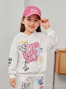 SHEIN 少女卡通标语图案落肩卫衣 - 白色 - 查看 1