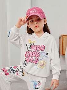 SHEIN 少女卡通标语图案落肩卫衣 - 白色 - 查看 4