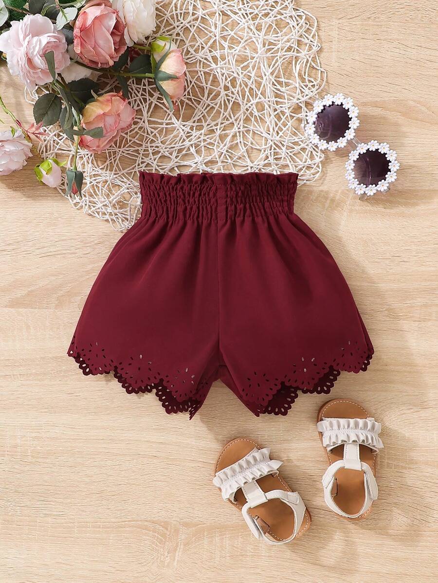 SHEIN 嬰兒鏤空貝殼邊紙袋腰短褲 - 酒紅色 - 查看 1