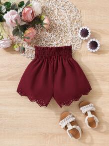SHEIN 嬰兒鏤空貝殼邊紙袋腰短褲 - 酒紅色 - 查看 2