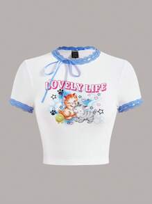 SHEIN Qutie Camiseta crop con estampado de letra y dibujos animados con encaje en contraste - Blanco - Ver 1