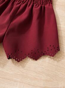 SHEIN 嬰兒鏤空貝殼邊紙袋腰短褲 - 酒紅色 - 查看 6