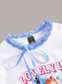 SHEIN Qutie Camiseta crop con estampado de letra y dibujos animados con encaje en contraste - Blanco - Ver 3