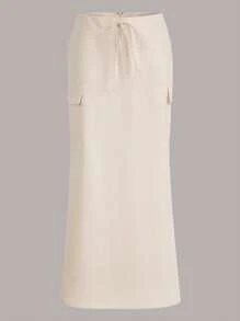 SHEIN EZwear 側翻蓋口袋腰上打結超長工裝裙 - 米色 - 查看 1