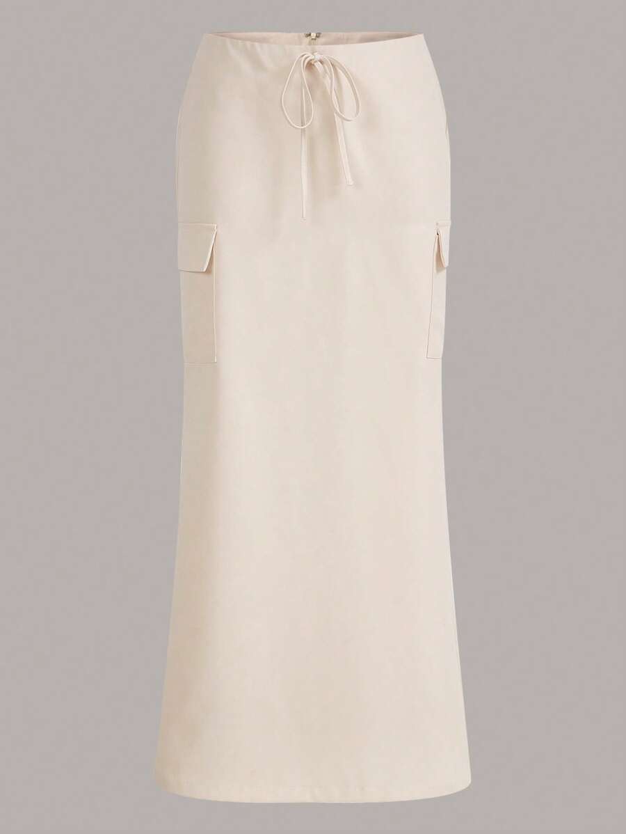 SHEIN EZwear 側翻蓋口袋腰上打結超長工裝裙 - 米色 - 查看 1
