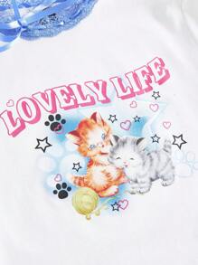 SHEIN Qutie Camiseta crop con estampado de letra y dibujos animados con encaje en contraste - Blanco - Ver 4