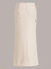 SHEIN EZwear 側翻蓋口袋腰上打結超長工裝裙 - 米色 - 查看 2