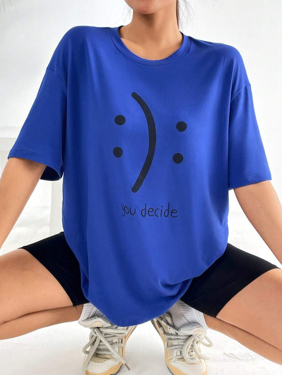 SHEIN EZwear 卡通和標語圖案落肩T恤 - 寶藍色 - 查看 1