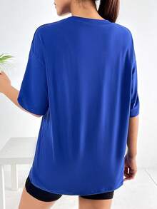 SHEIN EZwear 卡通和標語圖案落肩T恤 - 寶藍色 - 查看 2