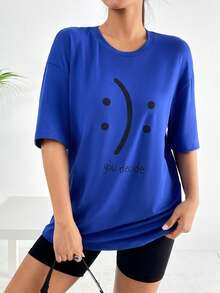 SHEIN EZwear 卡通和標語圖案落肩T恤 - 寶藍色 - 查看 3