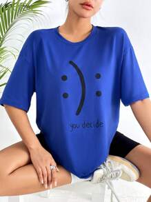 SHEIN EZwear 卡通和標語圖案落肩T恤 - 寶藍色 - 查看 5