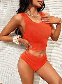 纯色高腰比基尼套装夏季海滩 - 橘色 - 查看 4