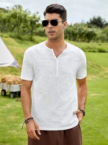 GENTILAND Nam Áo thun Bông Chất rắn Nút Nửa - trắng - Xem 1